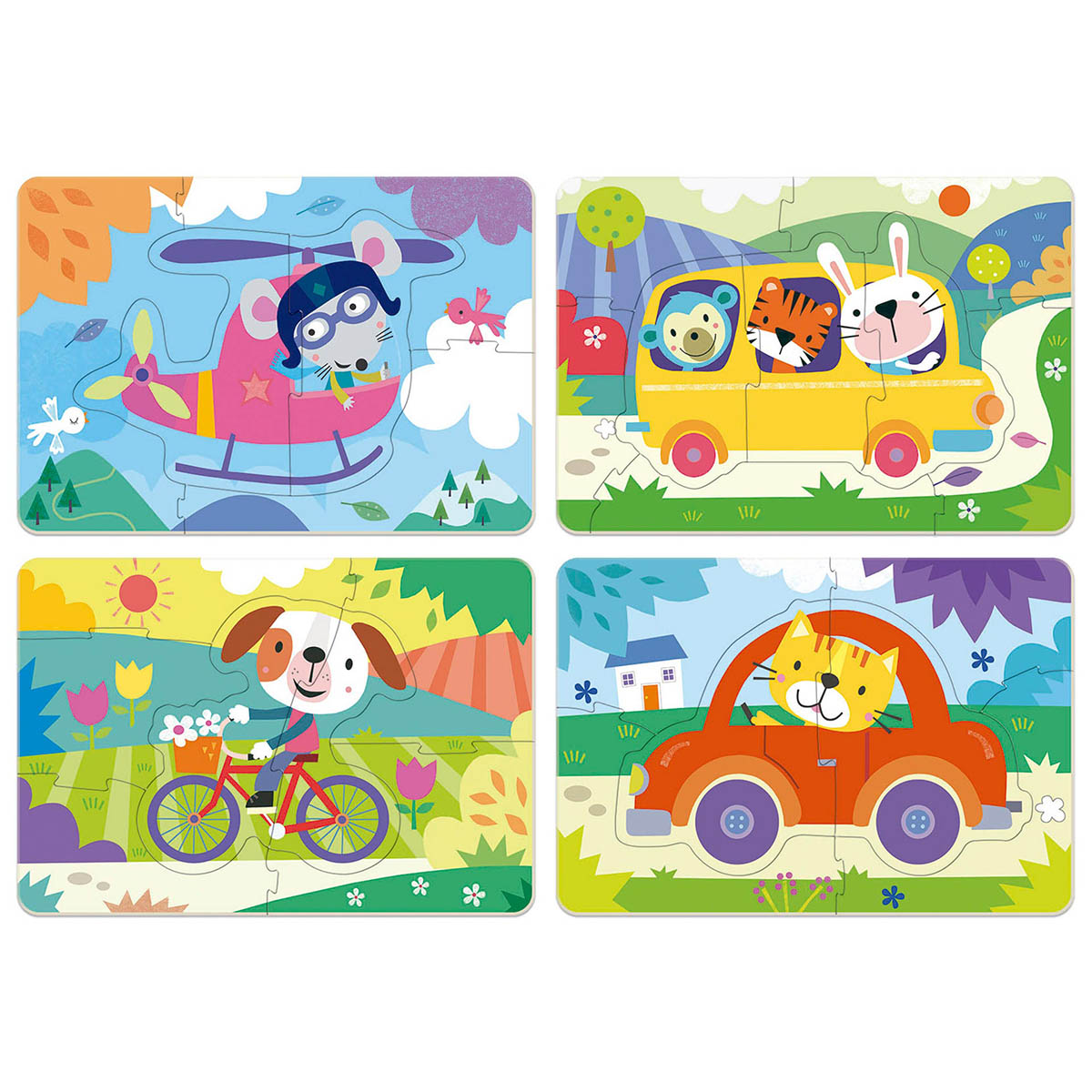 Quatro puzzles infantis com desenhos de animais e veículos coloridos