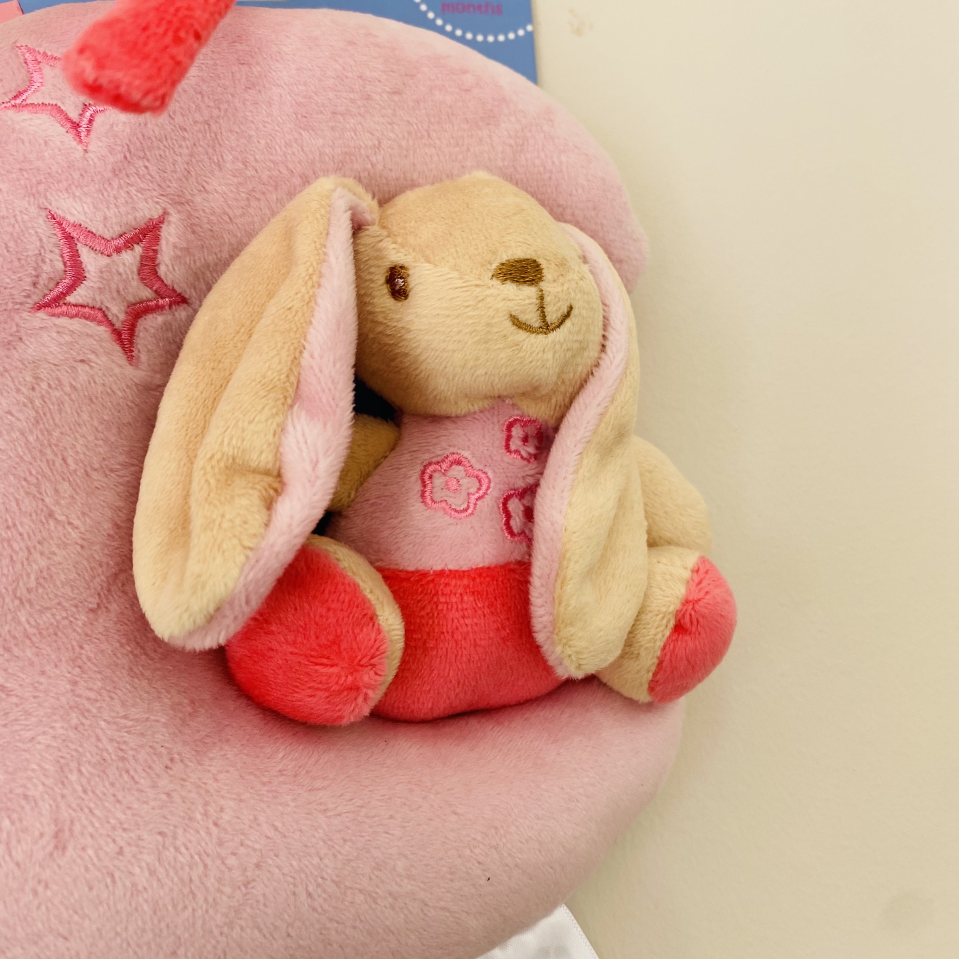 Pelúcia de coelho com roupinha rosa sentada em almofada rosa com estrelas