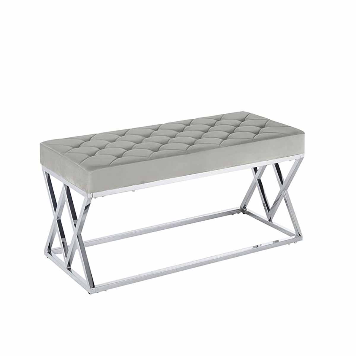 Banco retangular com assento cinzento acolchoado e estrutura metálica prateada
