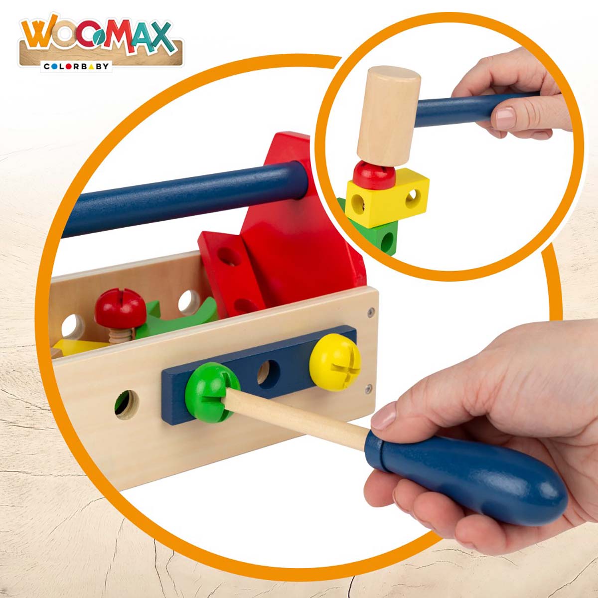 Brinquedo de construção de madeira WOOMAX com ferramentas e peças coloridas.
