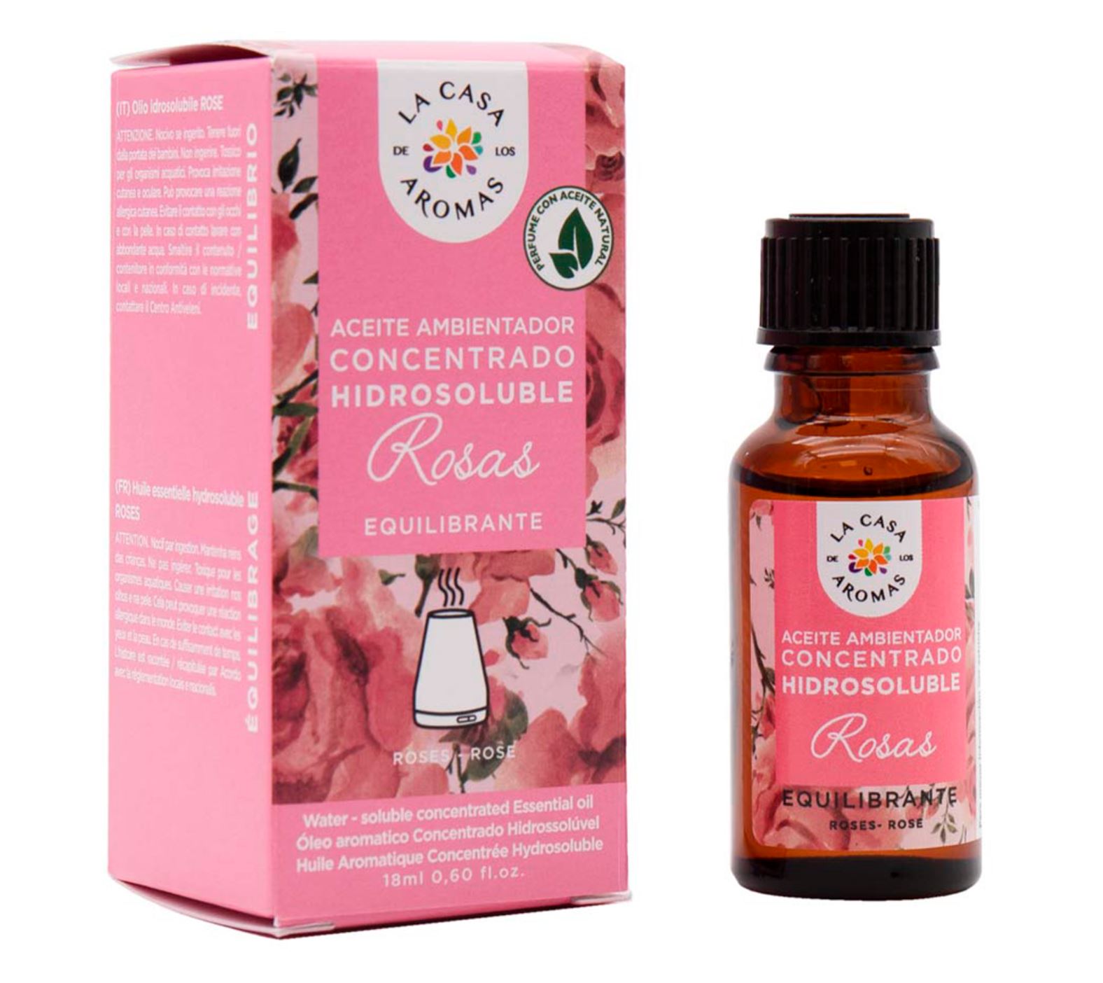 Frasco e caixa de óleo aromático concentrado de rosas