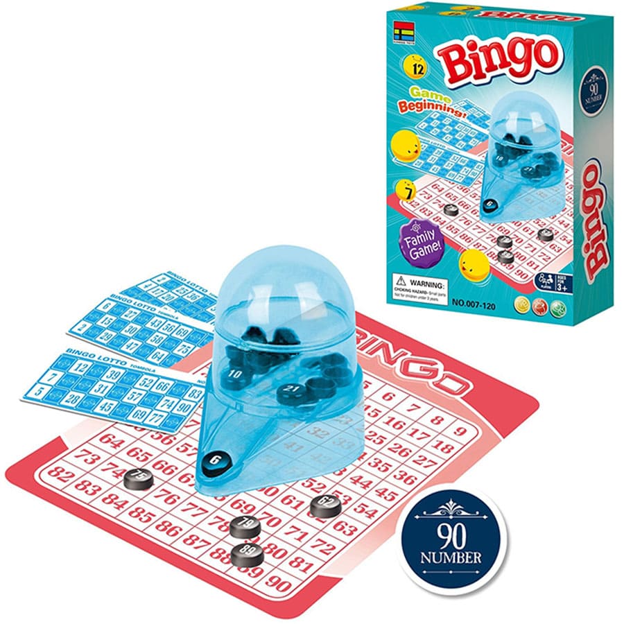 Jogo de Bingo com marcador azul, cartelas numeradas e embalagem colorida