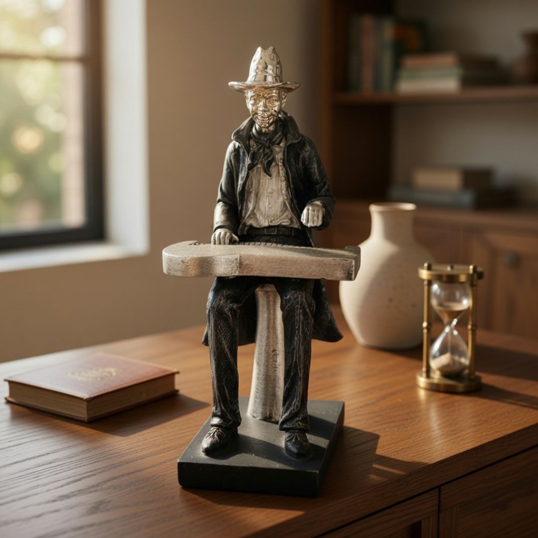Estatueta decorativa de homem tocando instrumento com base preta sobre móvel de madeira