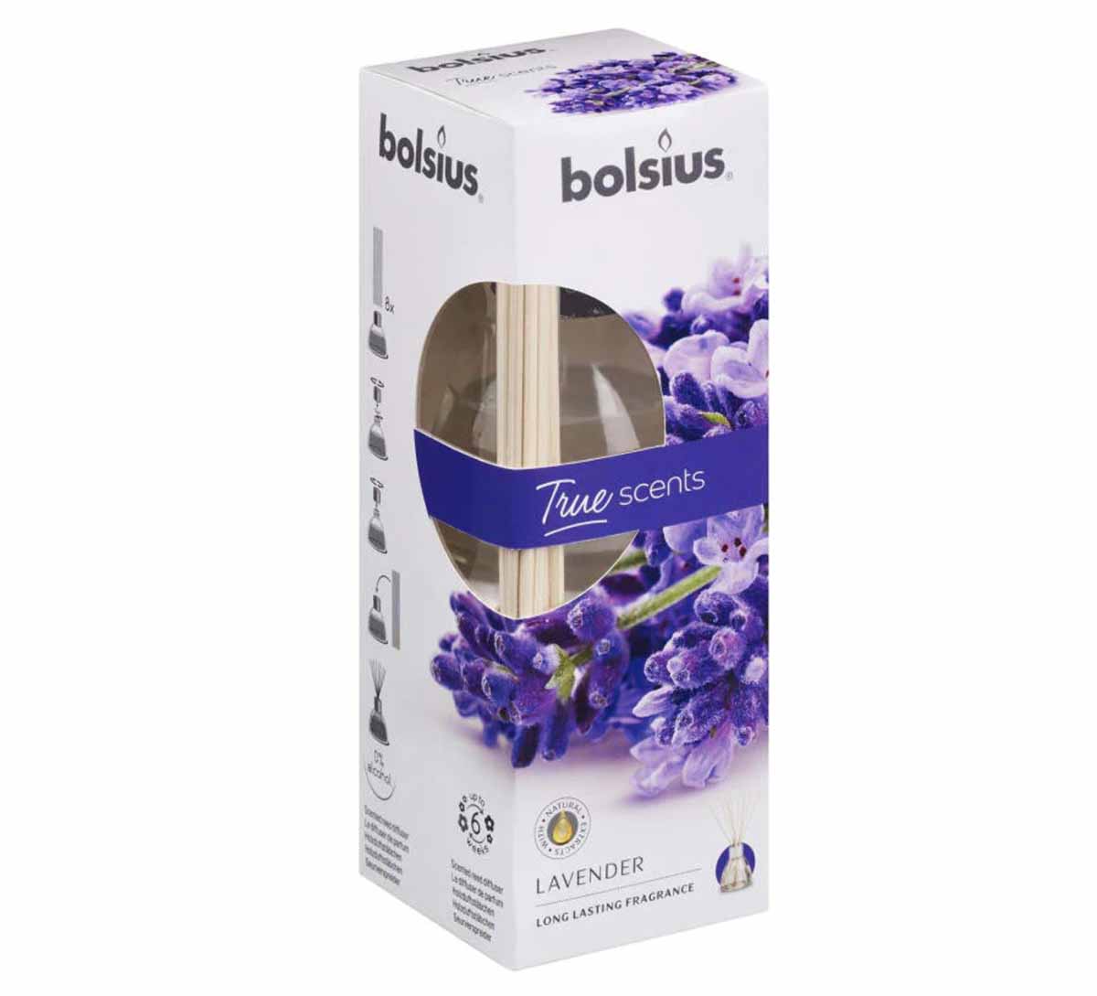 Caixa de difusor de aromas Bolsius com imagem de lavanda e varetas de madeira