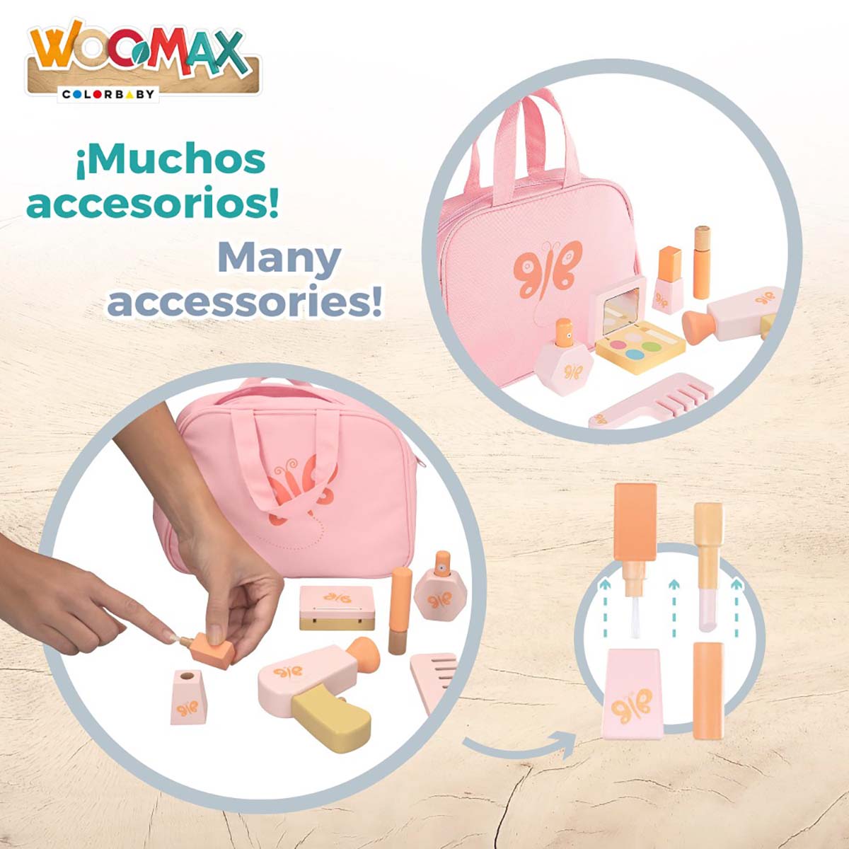 Conjunto de acessórios de maquilhagem de brinquedo da WOOMAX com bolsa rosa e vários cosméticos em tons pastel