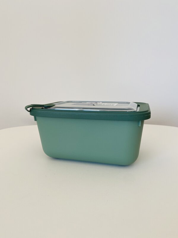 Recipiente retangular de plástico verde com tampa translúcida