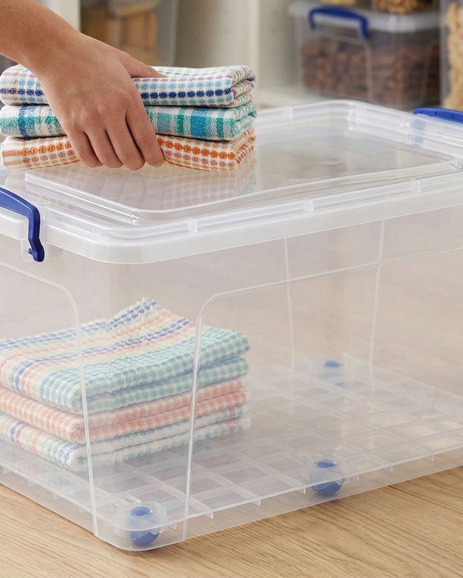 Caixa de arrumação transparente com toalhas dobradas coloridas