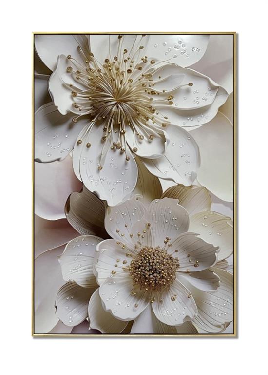 quadro decorativo de flores 3D em branco e dourado com moldura fina