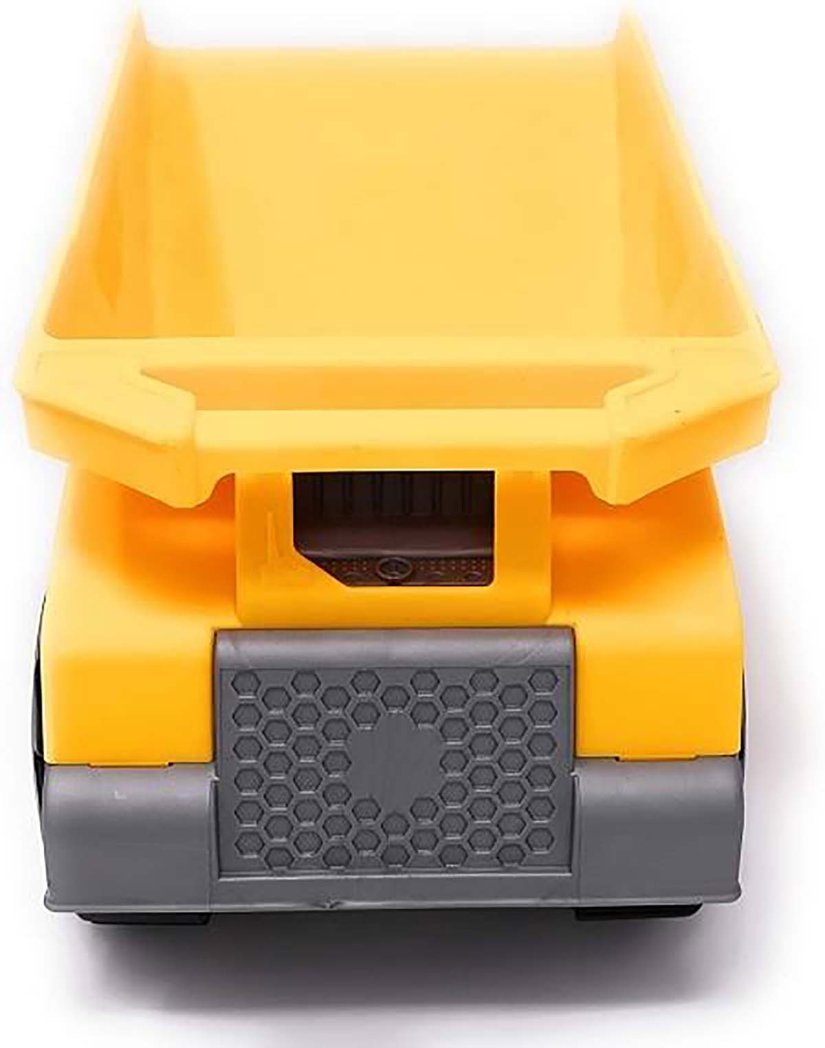 Carrinho basculante amarelo e cinzento visto de frente