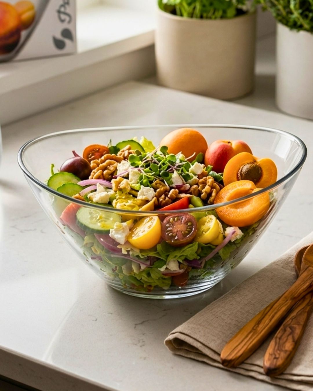 Saladeira de vidro com salada colorida e frutas em bancada de cozinha