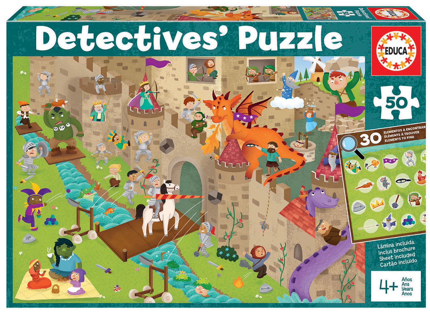 Caixa de quebra-cabeças Detectives' Puzzle com 50 peças e imagem de castelo colorido.
