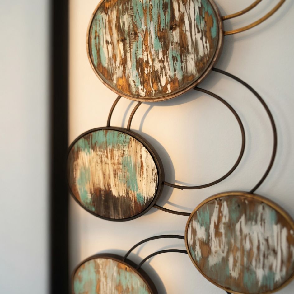 Decoração de parede com círculos ovais de madeira envelhecida e estrutura metálica
