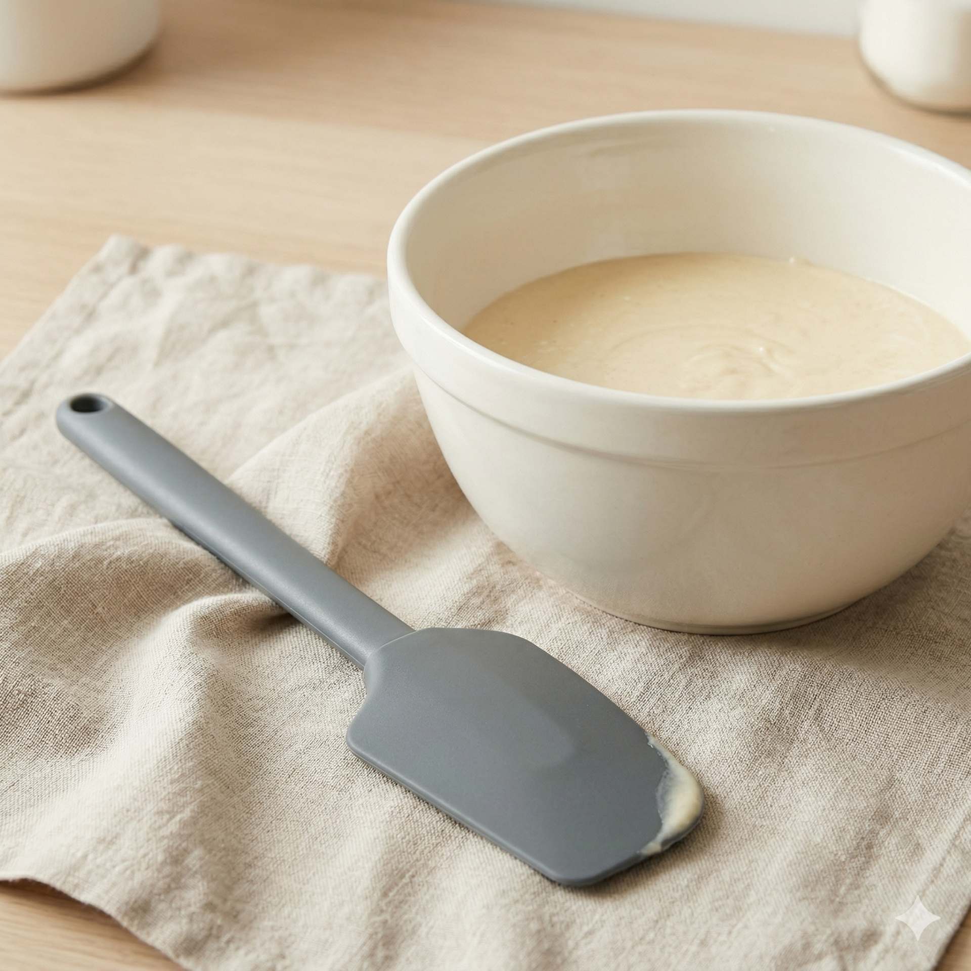 Espátula cinza ao lado de tigela branca com mistura cremosa, sobre tecido bege.