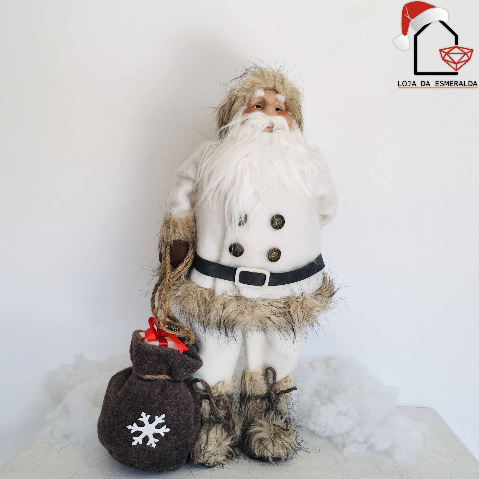 Figura decorativa de Pai Natal branco com saco castanho e motivos de pelo e neve