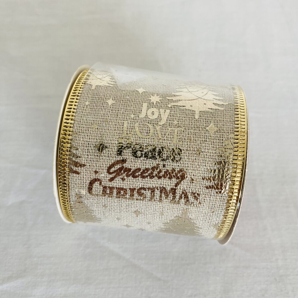 Fita de tecido natalícia bege com bordas douradas e texto impresso