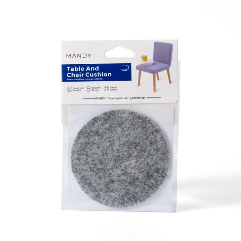 Almofada redonda cinza para mesa e cadeira em embalagem com etiqueta