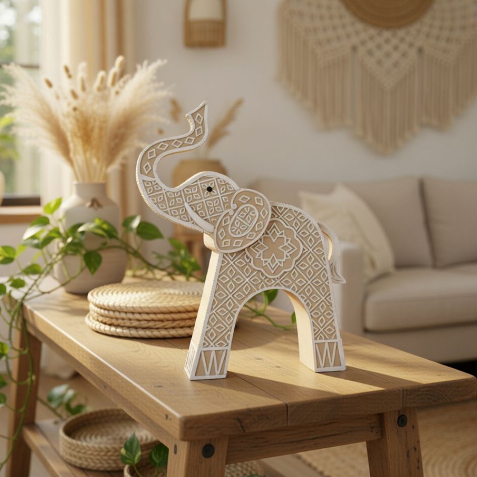Escultura decorativa em forma de elefante de madeira com padrões geométricos brancos em mesa de madeira