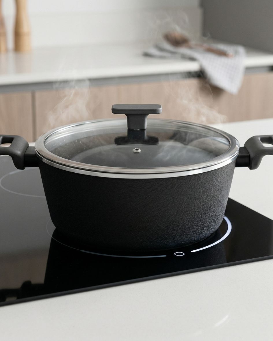 Panela preta com tampa de vidro no fogão de indução a vapor