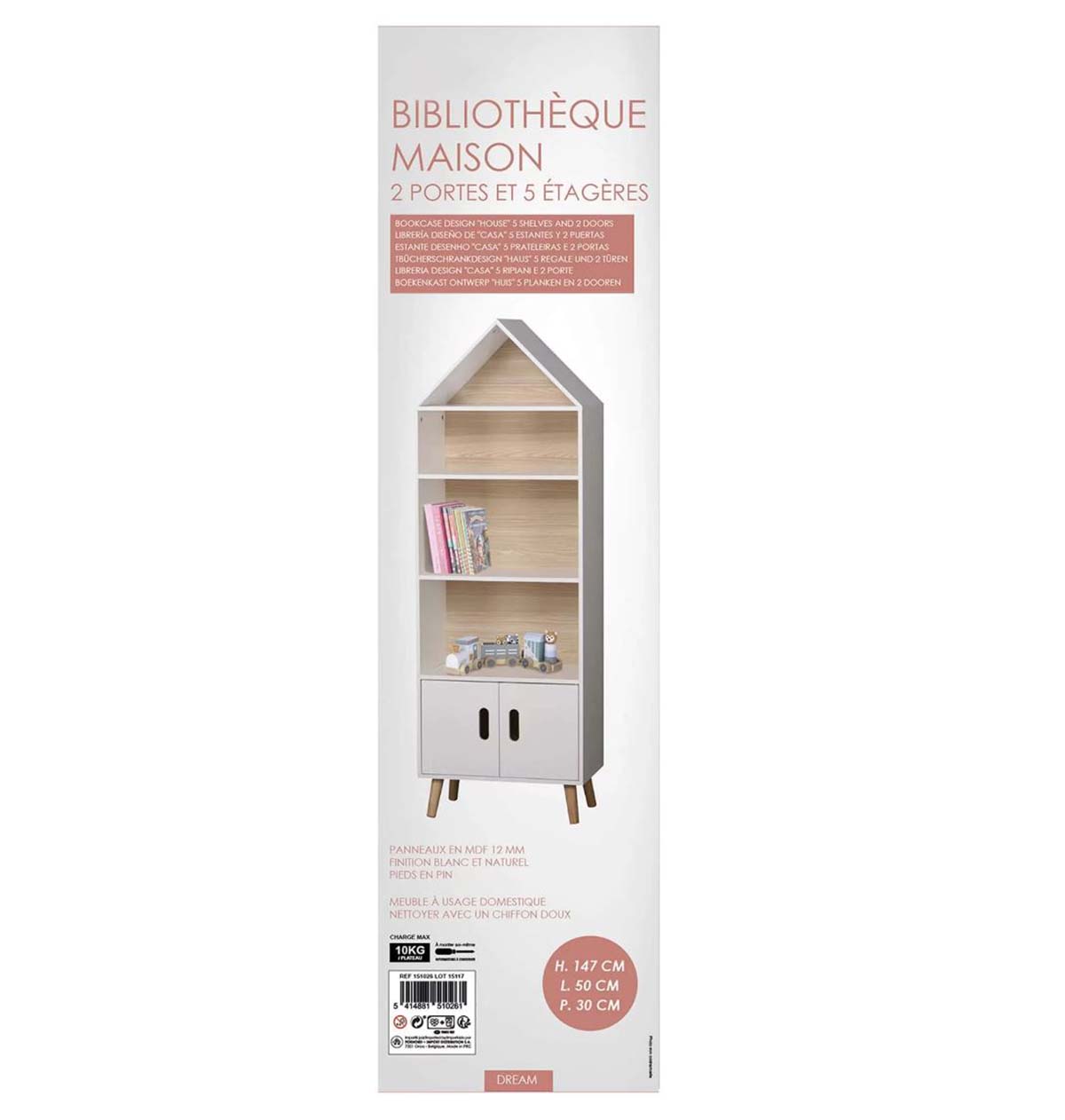 Estante branca em forma de casa com prateleiras e portas, texto BIBLIOTHÈQUE MAISON e dimensões no pacote.