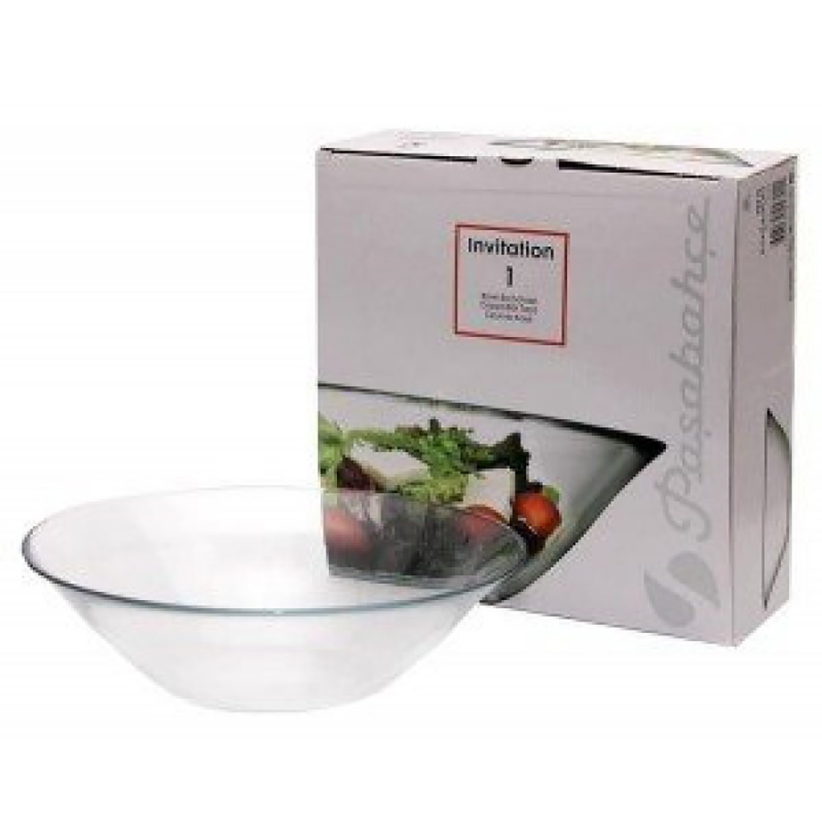 Taça de vidro transparente e caixa branca da marca Pasabahce