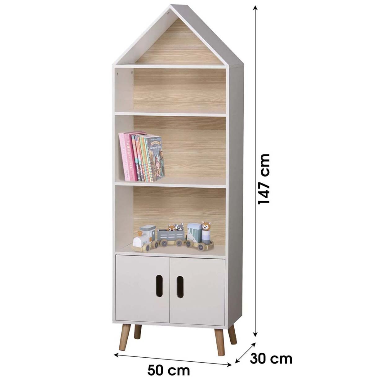 Estante branca formato casa com prateleiras e armário de madeira clara
