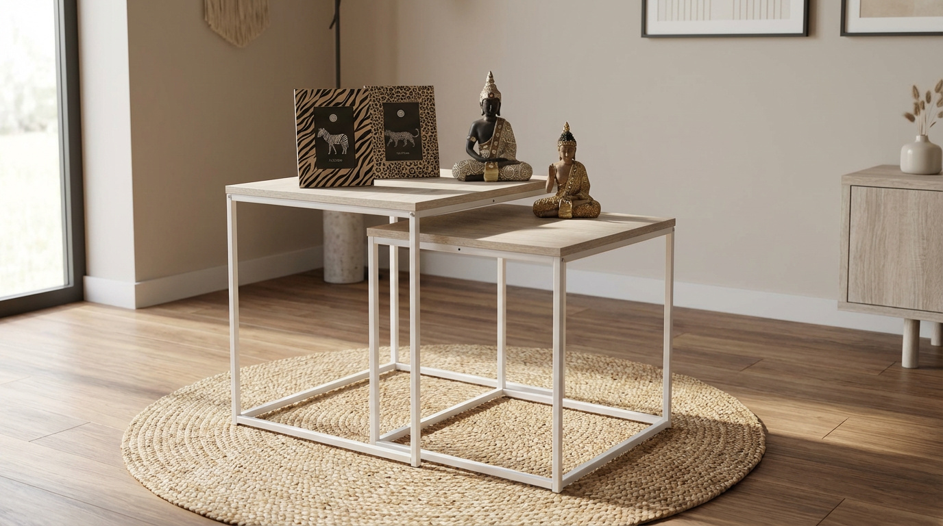 Duas mesas de centro em madeira clara e estrutura branca sobre tapete redondo com estátuas e porta-retratos.