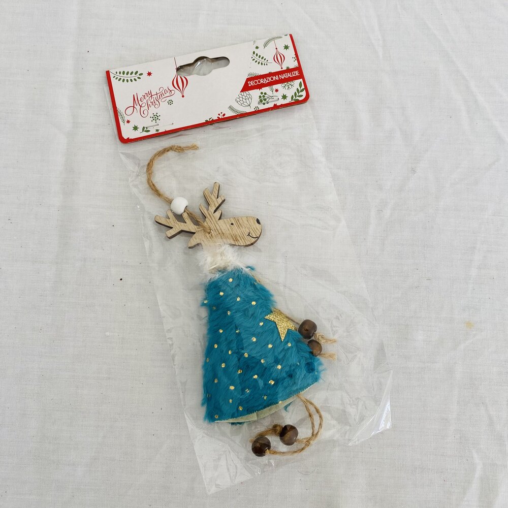 Decoração de Natal rena em madeira e feltro azul com pontos dourados na embalagem