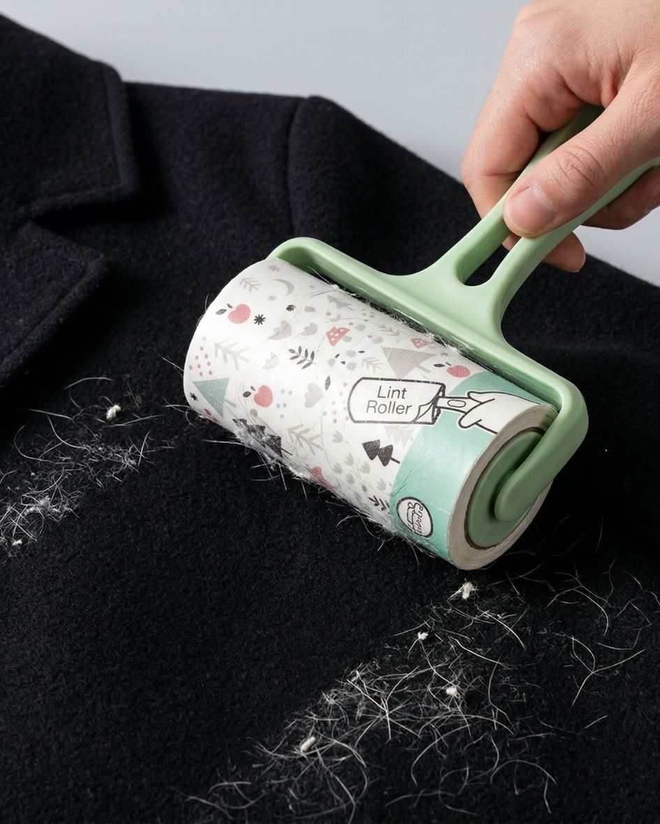 Rolo adesivo verde com texto Lint Roller a limpar pelos brancos de roupa preta