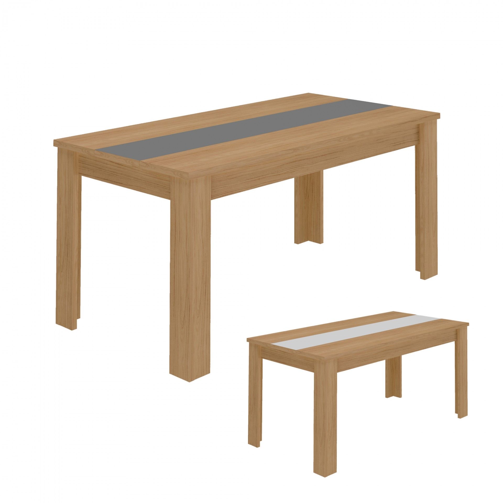 Mesa retangular de madeira clara com faixa cinzenta e banco correspondente