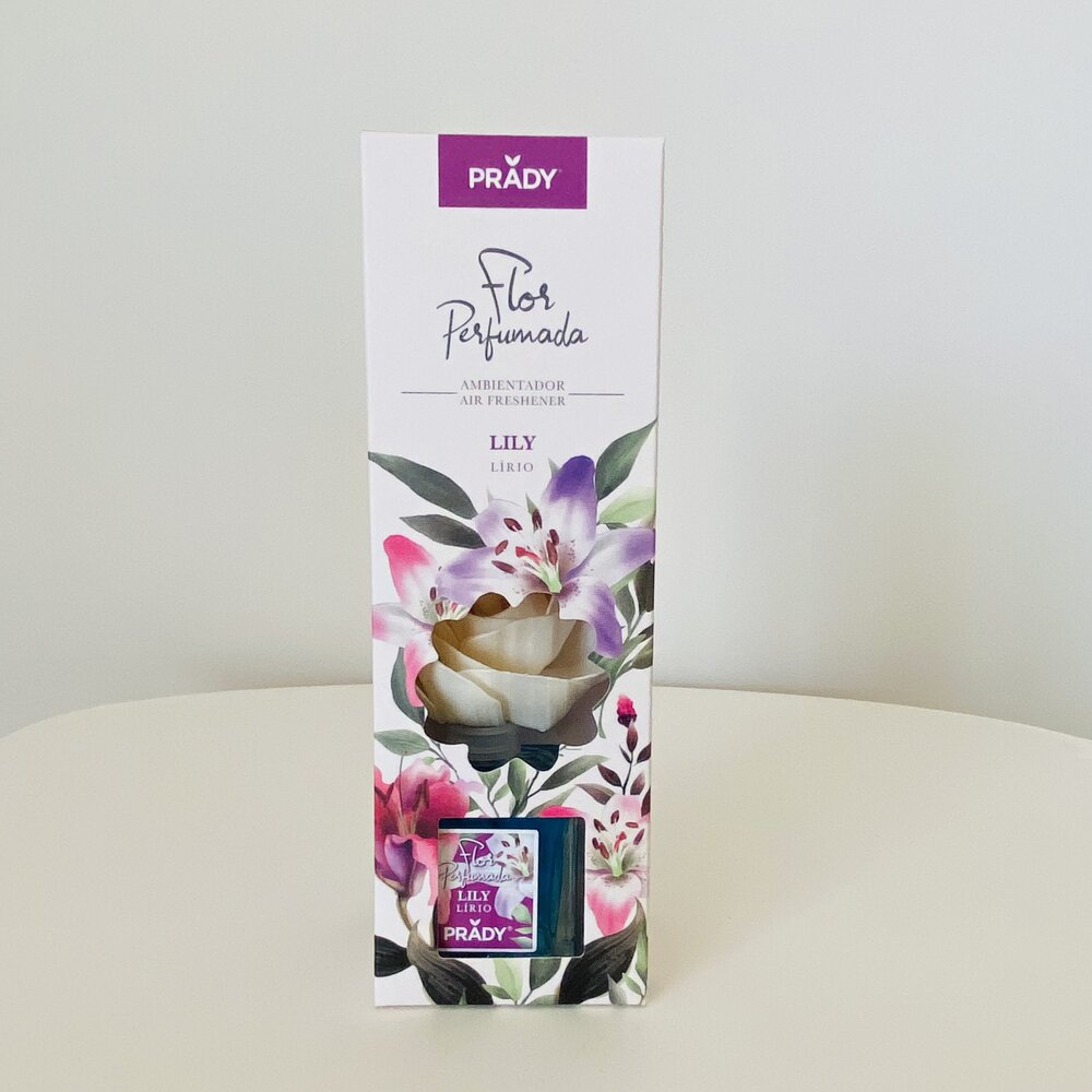 Caixa branca de ambientador floral PRADY Flor Perfumada LILY com frasco visível