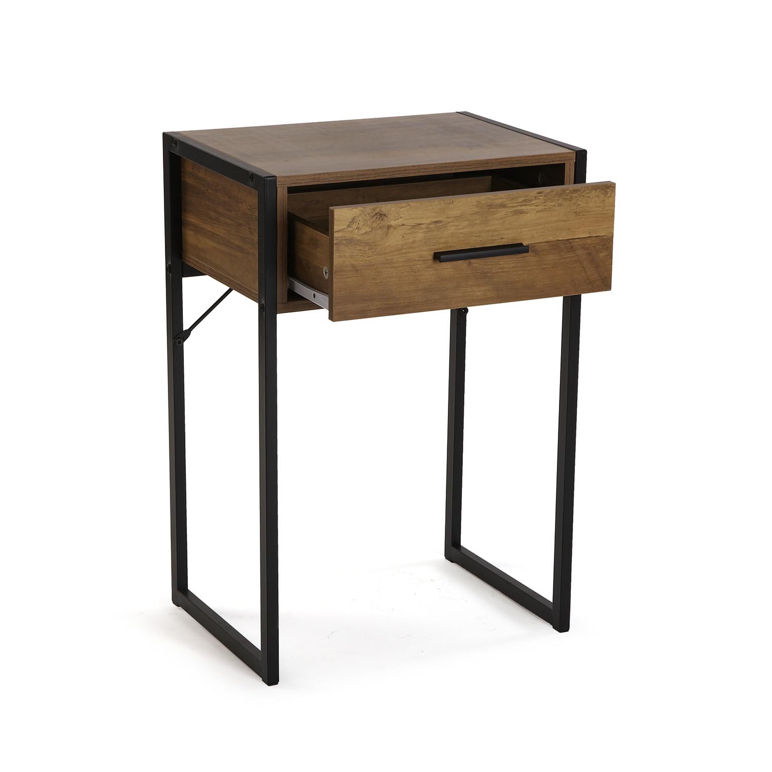 Mesa pequena com gaveta em madeira e estrutura metálica preta