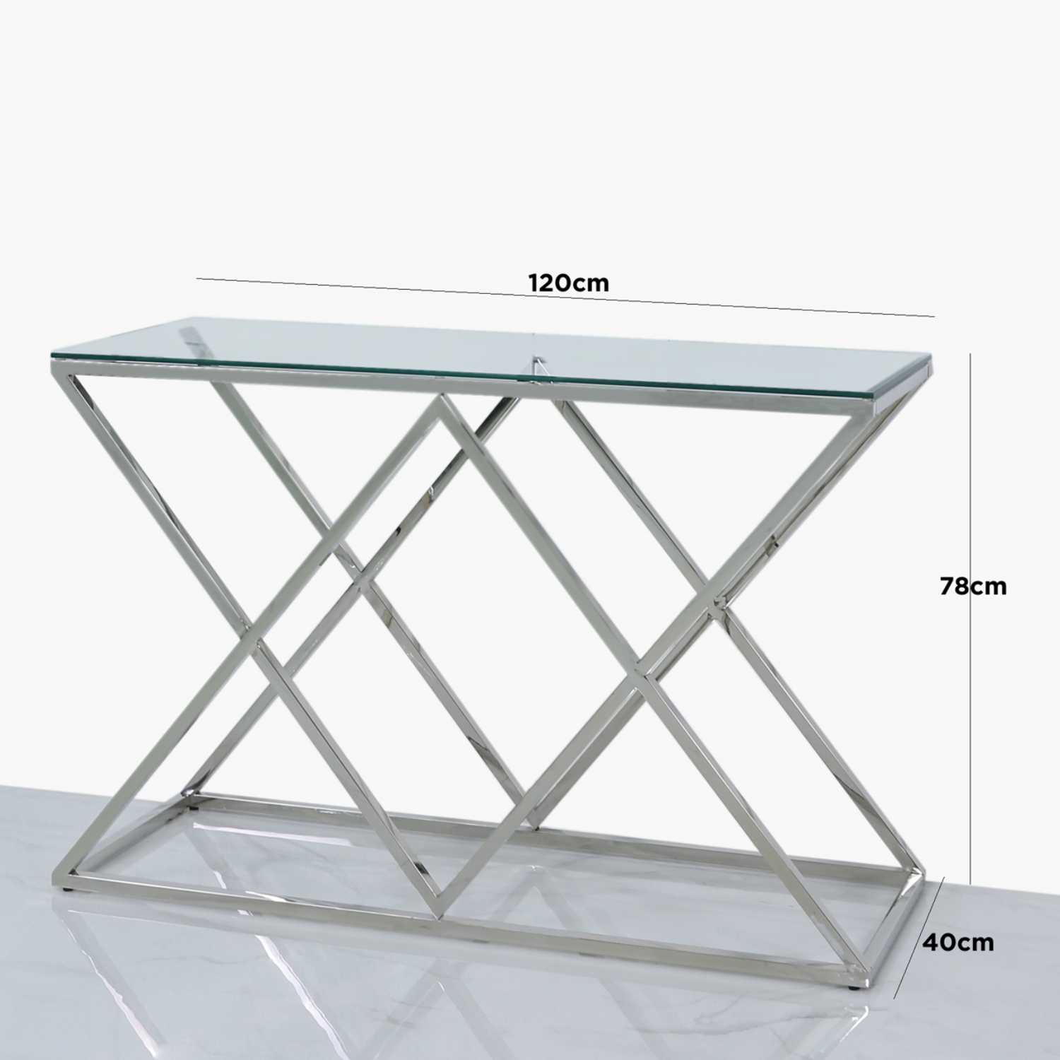 mesa console vidro tampo transparente base metálica cromada geometria