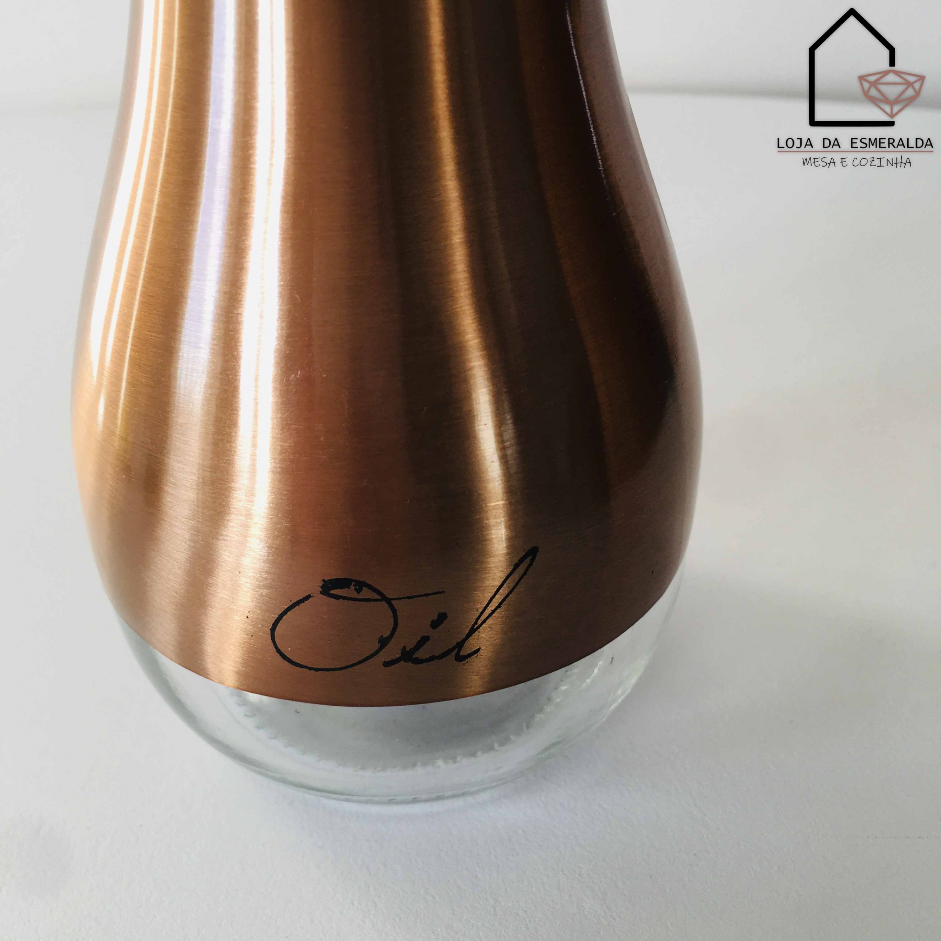 Recipiente metálico cobre para óleo com base de vidro e texto Oil