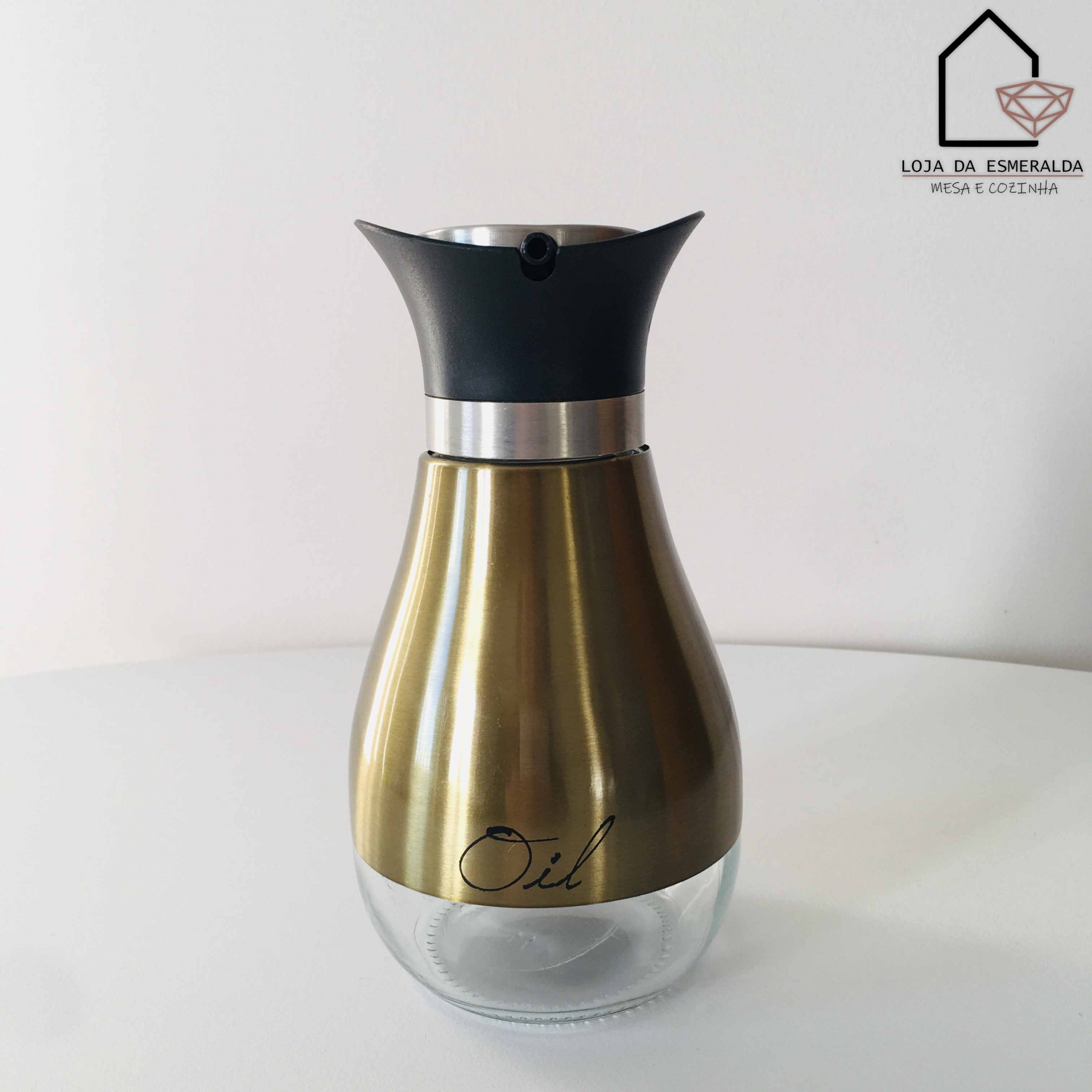 Recipiente para óleo em vidro e metal com tampa preta