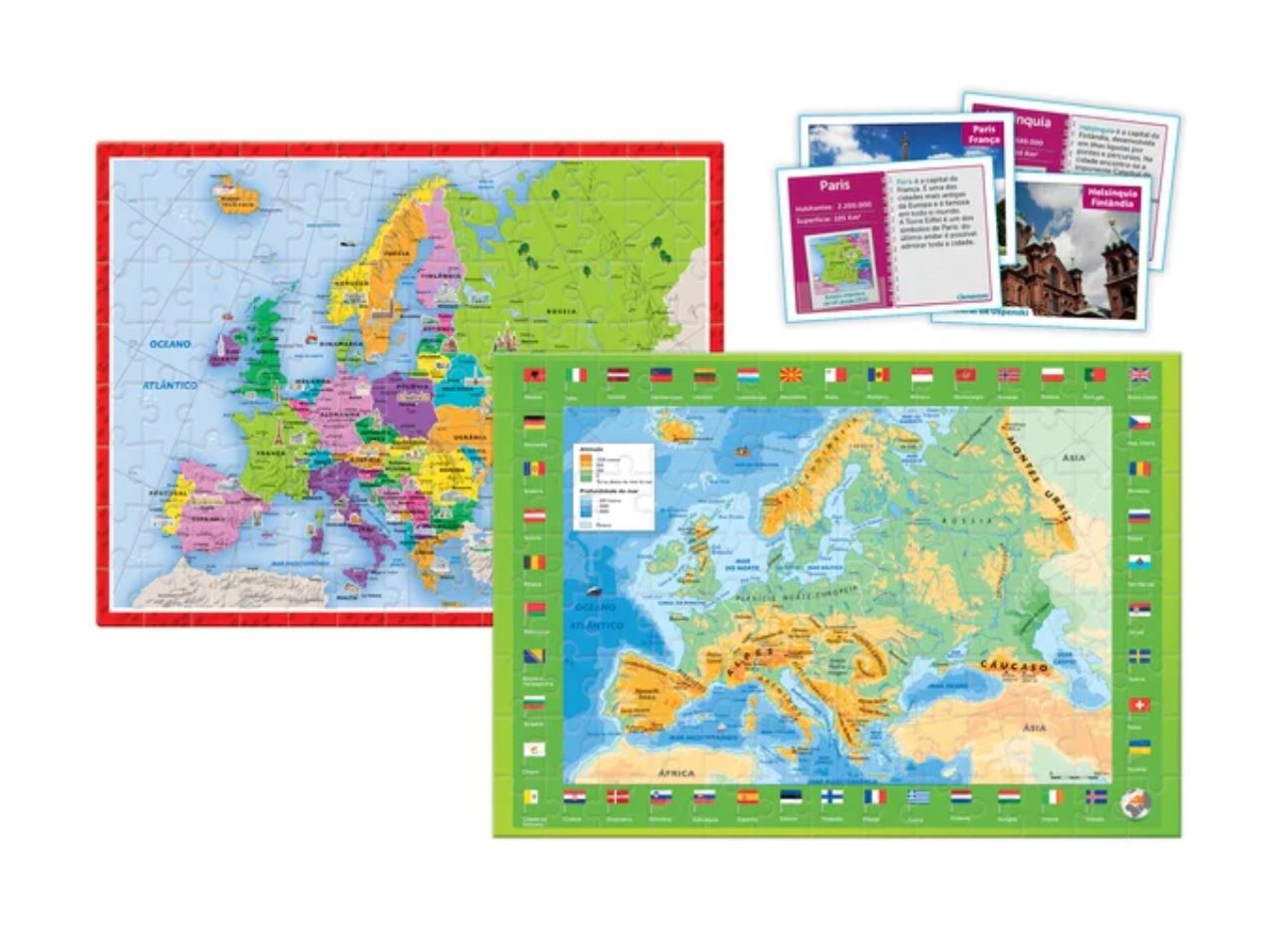 Dois puzzles mapas da Europa com cartas informativas sobre Paris