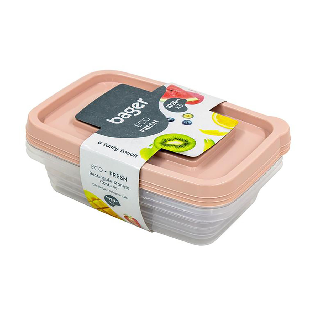 Recipiente transparente com tampa rosa e etiqueta colorida de frutas