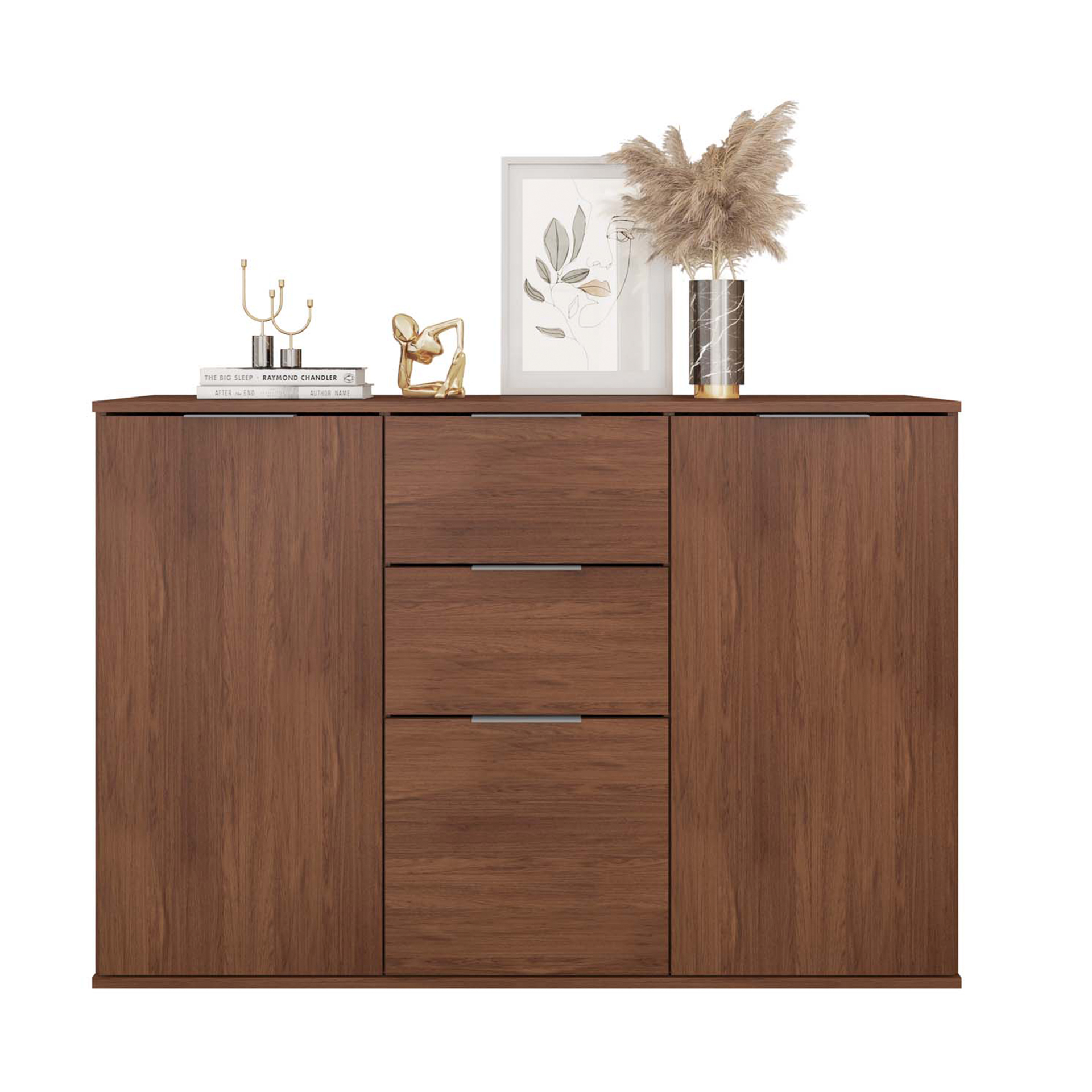 Móvel de arrumação castanho com decoração sobre o tampo