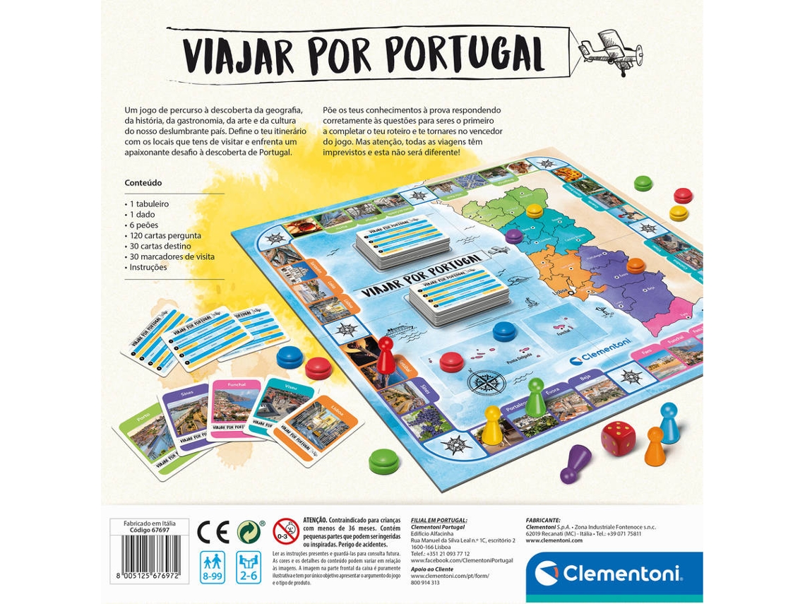 Jogo de tabuleiro educacional Viajar por Portugal com mapa e peças coloridas