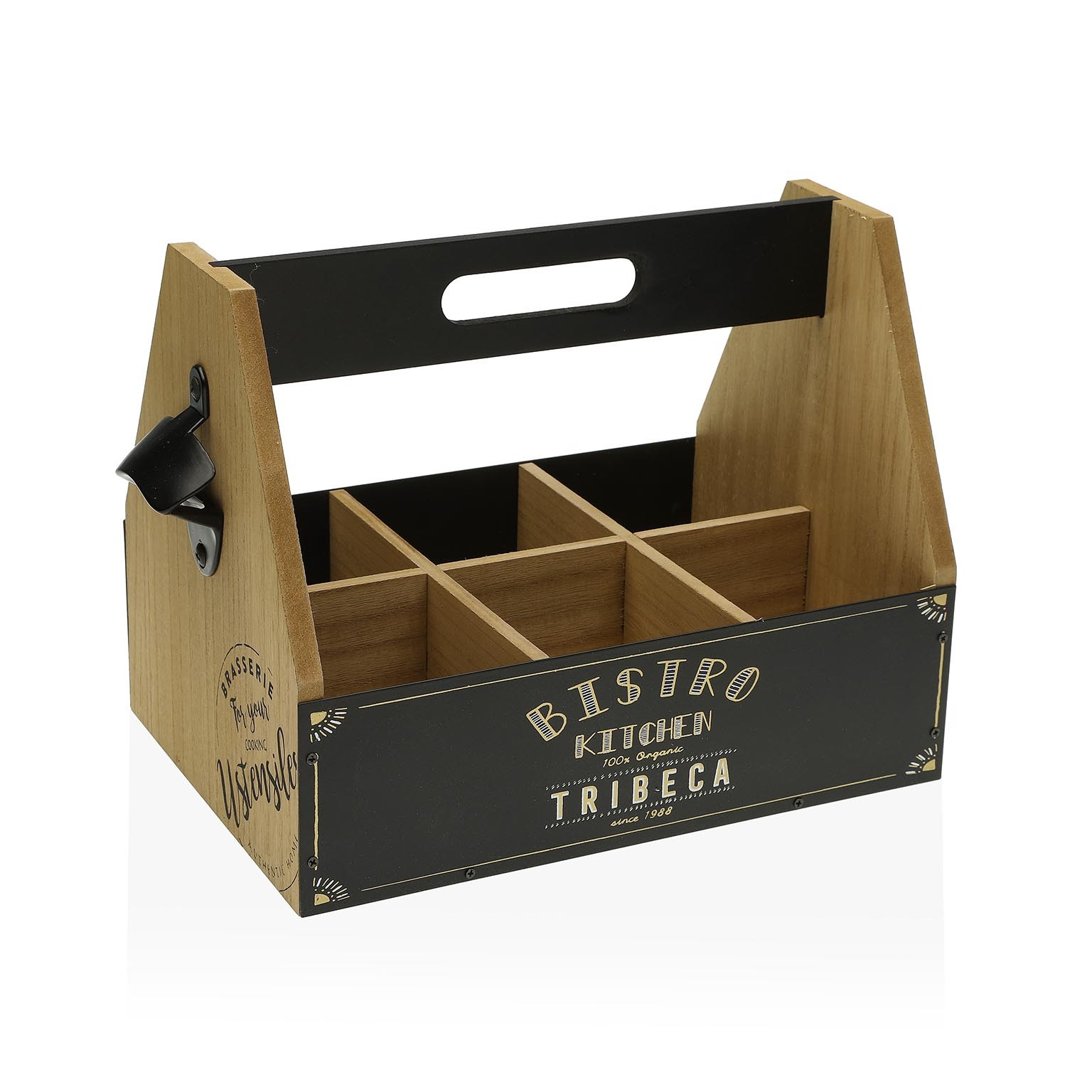 Caixa organizadora em madeira com compartimentos e abridor de garrafas