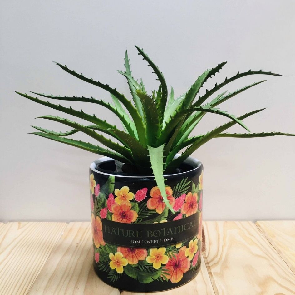 vaso preto decorativo com planta verde e flores coloridas