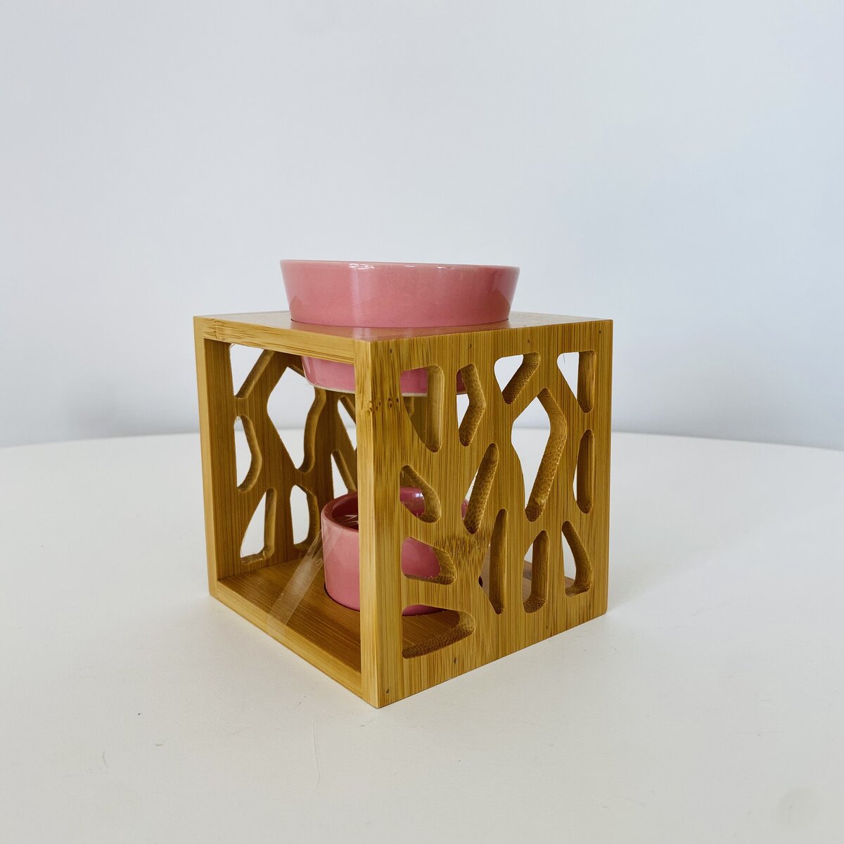 Difusor de aroma com suporte de madeira e queimador cerâmico rosa