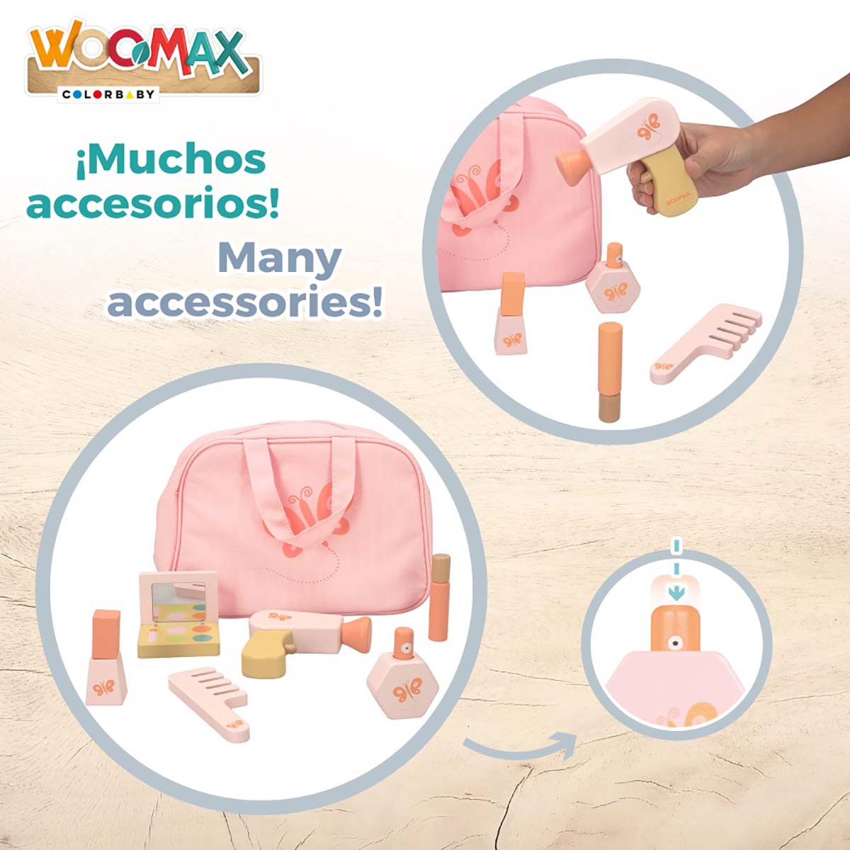 Conjunto de acessórios de brinquedo rosa WOOMAX com bolsa, secador, pente e cosméticos