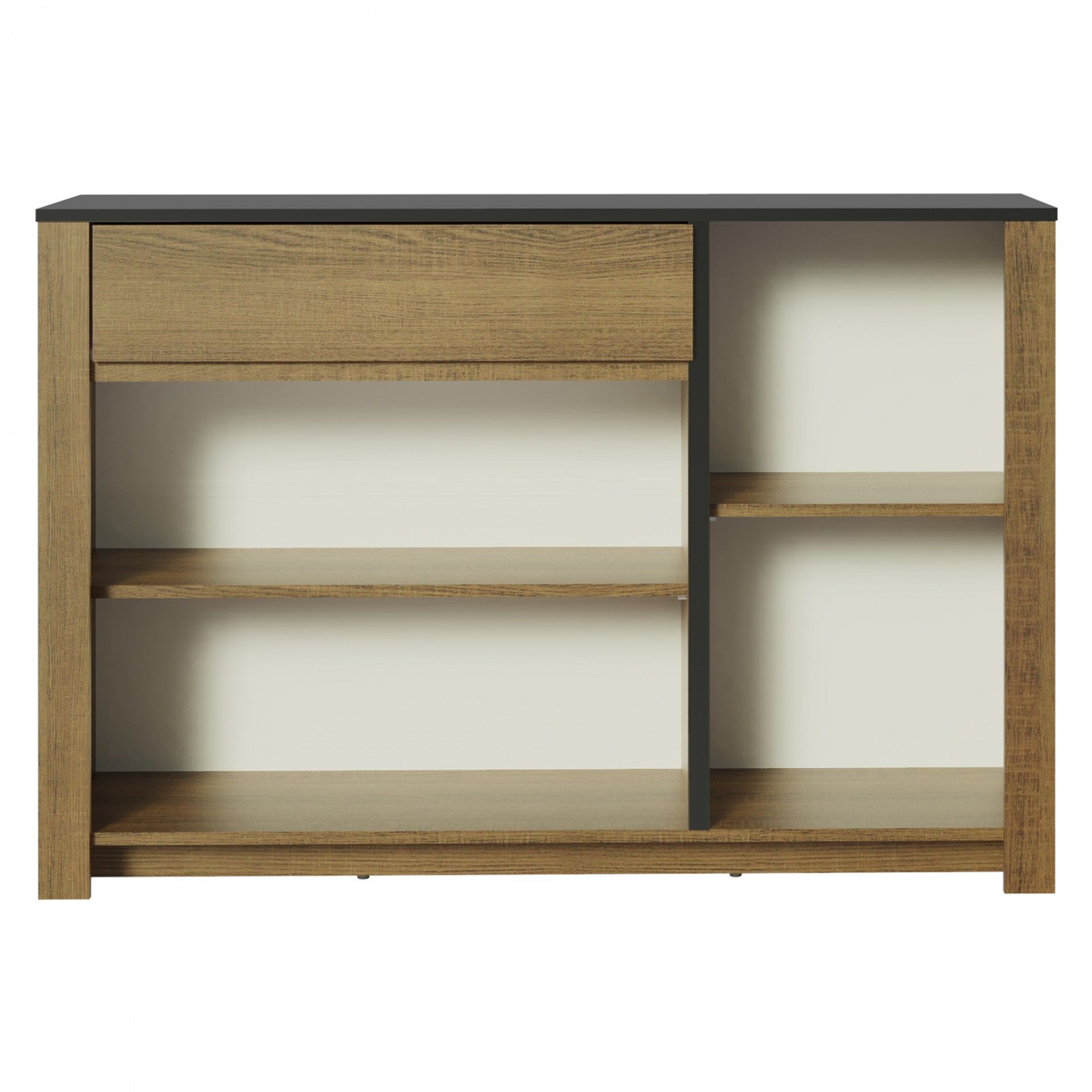 Móvel de madeira com gavetão e prateleiras abertas em castanho claro e preto