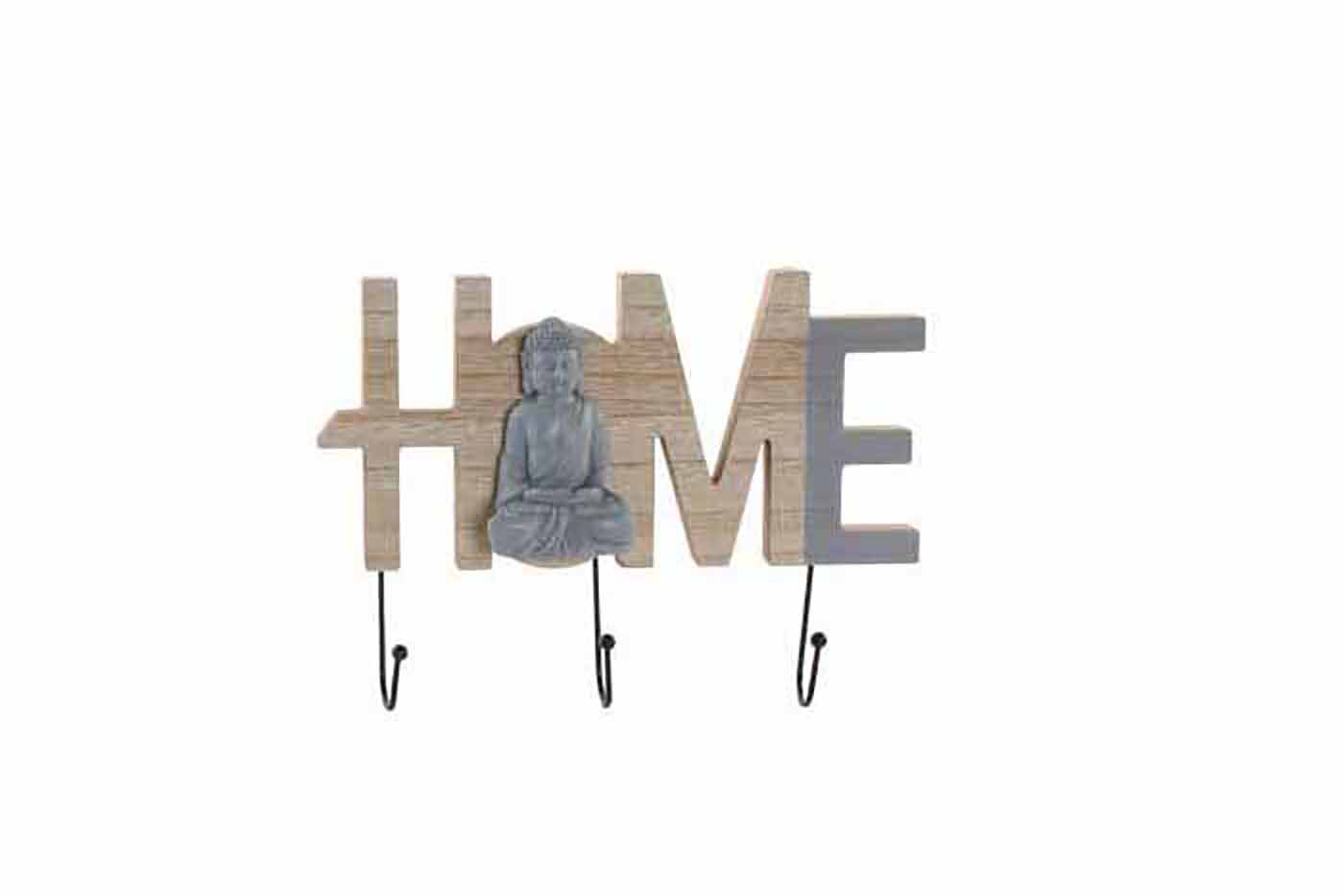 Suporte de parede em madeira com a palavra HOME e figura de Buda, com ganchos pretos