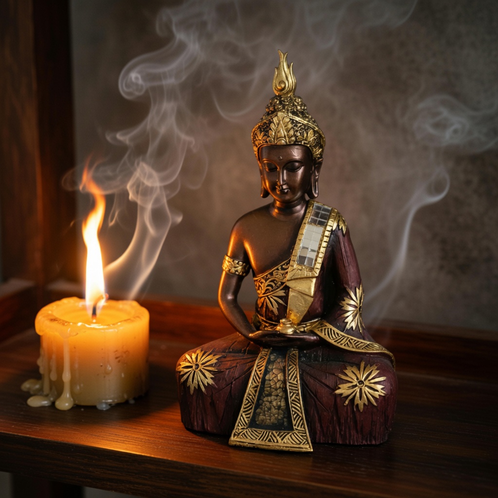 Estátua decorativa de Buda castanha e dourada com vela amarela acesa
