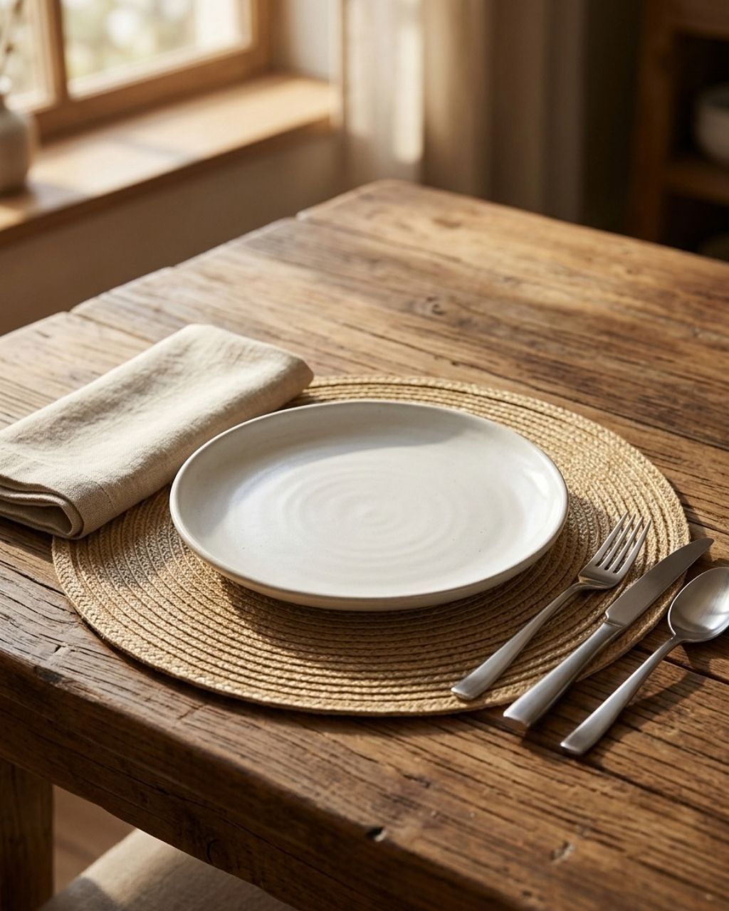 Conjunto de jantar com prato branco, base de palha, talheres em aço e guardanapo bege sobre mesa de madeira.
