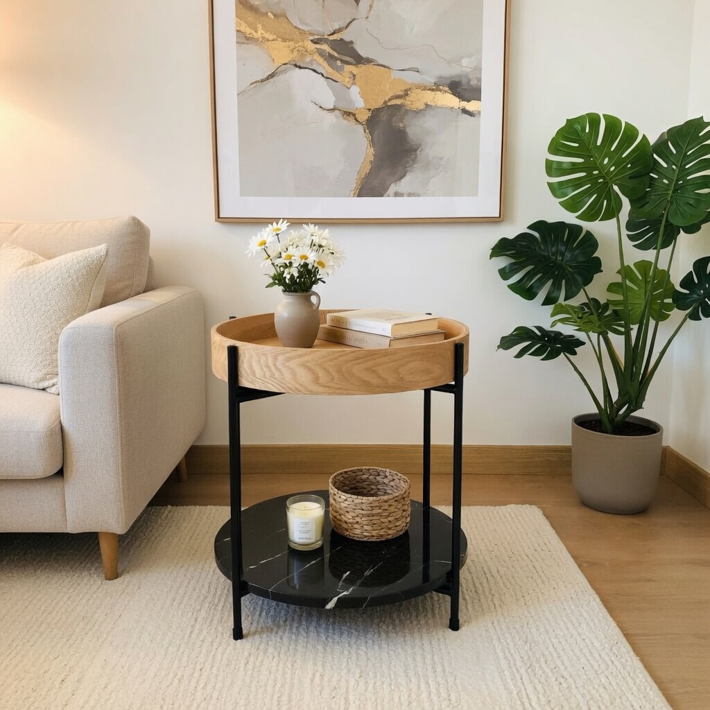 Mesa de apoio redonda em madeira clara e mármore preto com decoração, ao lado de sofá bege e planta em vaso