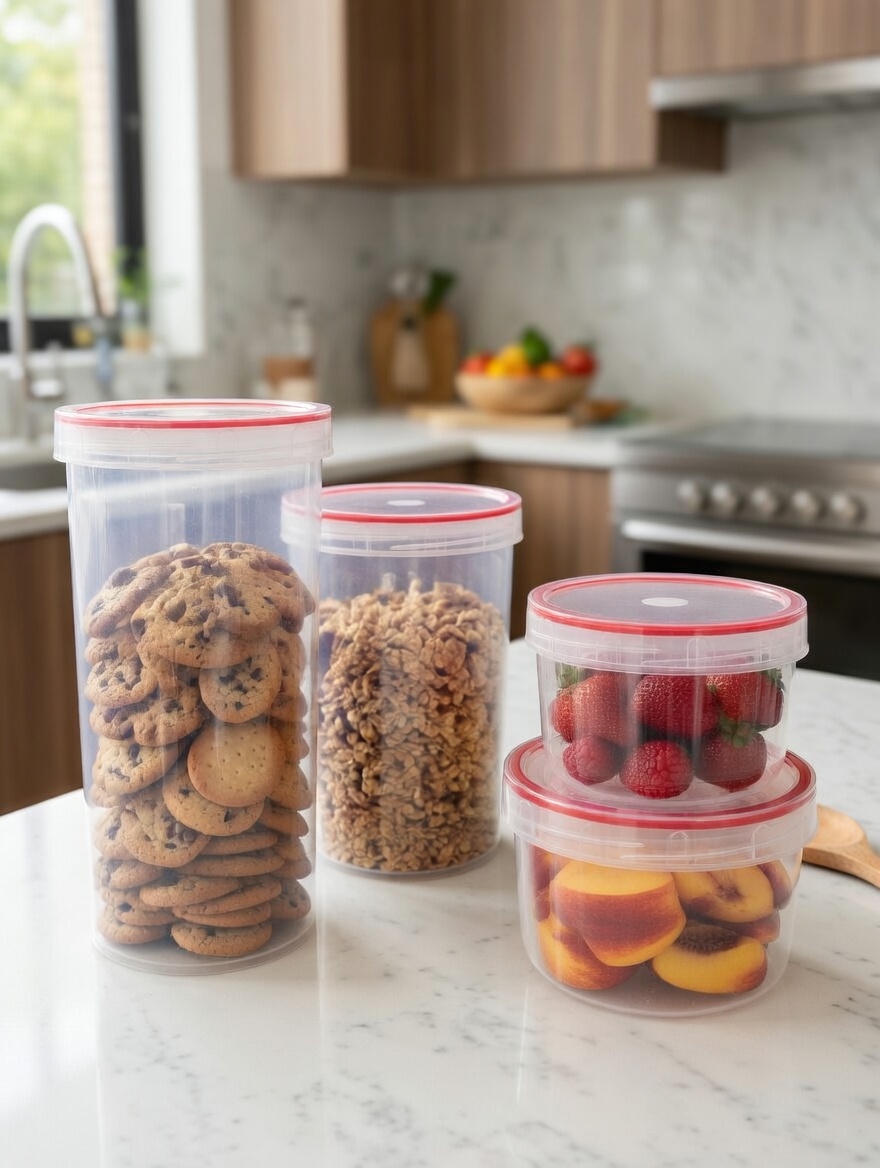 Quatro recipientes plásticos transparentes com tampas vermelhas cheios de bolachas, granola, morangos e pêssegos numa bancada de cozinha.