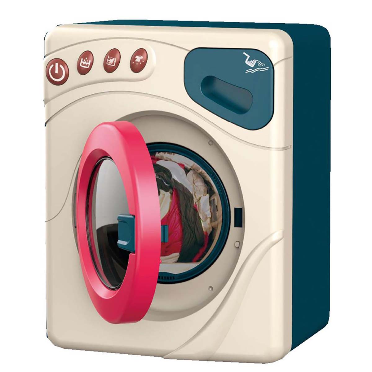 Máquina de lavar roupa em miniatura cor bege com porta cor-de-rosa