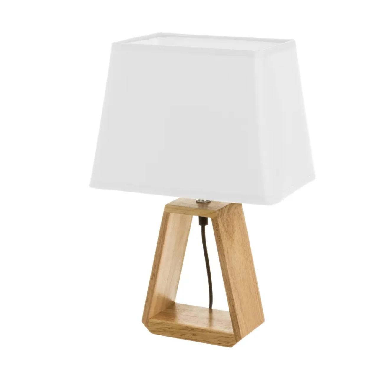 Candeeiro de mesa com base em madeira e cúpula branca quadrada